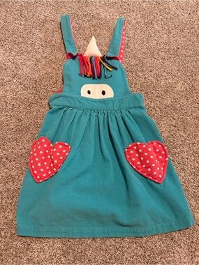 Frugi Girls Unicorn Pinnie Dress with Red Heart Pockets in 2/3